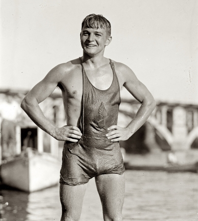 Photo showing: All Wet -- August 22, 1925. Clarence Ross, winner of the first three-mile National Long Distance Swimming Race.