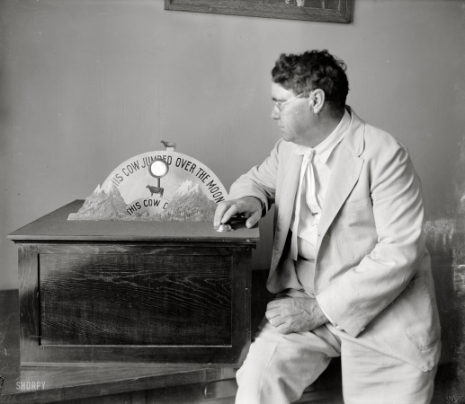 Photo showing: Bureau of Nursery Rhymes -- Washington, D.C., circa 1920. Agriculture Department. Cow jumps over moon: astrophysically impossible? 