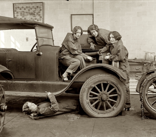 Photo showing: Pit Crew -- Washington, D.C. February 9, 1927. Central High School girls learn the art of automobile mechanics.