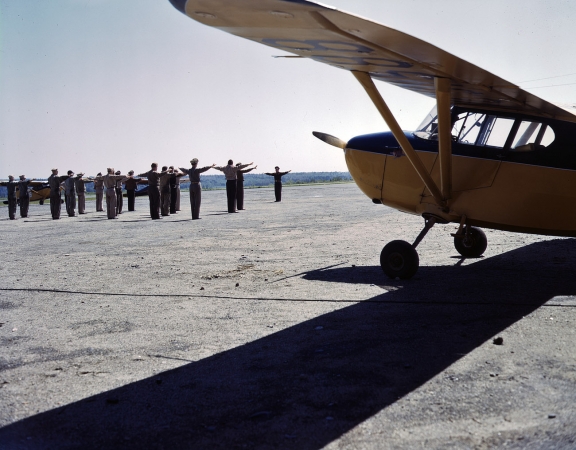 Photo showing: Flying Lessons -- June 1943. Maneuvering in close formation at the Civil Air Patrol base at Bar Harbor, Maine.
