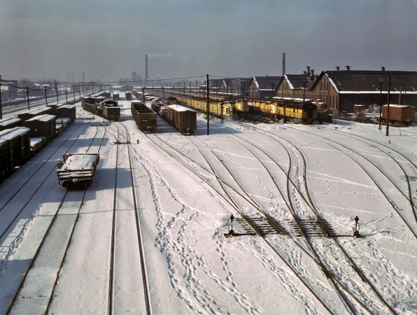 Photo showing: Tracks in the Snow -- December 1942. Three West Coast streamliners in the Chicago & North Western yards at Chicago.