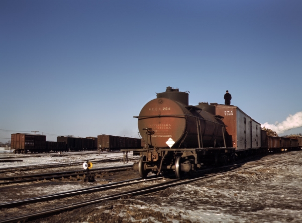 Photo showing: Pushing toward the Hump -- A train, or 'cut,' being pushed out of a receiving yard toward the hump. Chicago & North Western R.R. December 1942.
