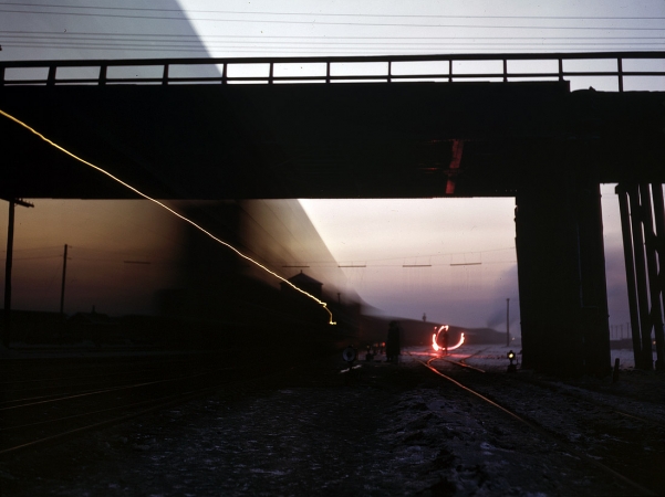 Photo showing: Whoosh -- December 1942. Time exposure of repair tracks of the Chicago & North Western R.R.