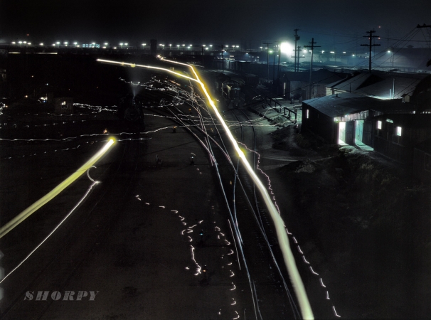 Photo showing: Night Light -- March 1943. Activity in the Santa Fe R.R. yard, Los Angeles. 