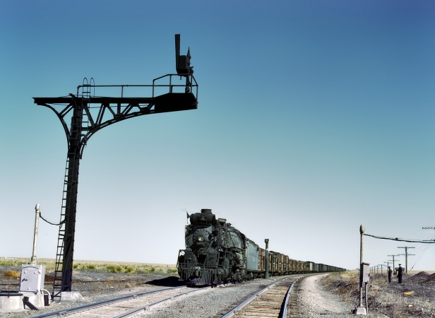 Photo showing: Westbound Freight: 1943 -- Westbound Santa Fe freight on a siding at Ricardo, New Mexico, waiting for the eastbound train to pass.