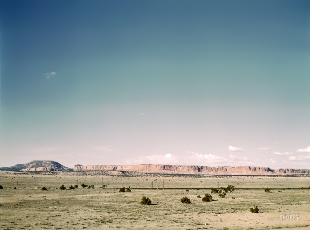 Photo showing: Way Out West -- March 1943. Eastbound track of the Santa Fe R.R. across desert country near South Chaves, New Mexico.