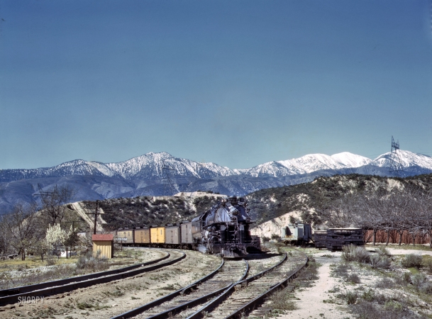 Photo showing: Alray Siding -- Eastbound Union Pacific freight waiting in a siding at Alray, California. Coming up through Cajon Pass, March 1943.
