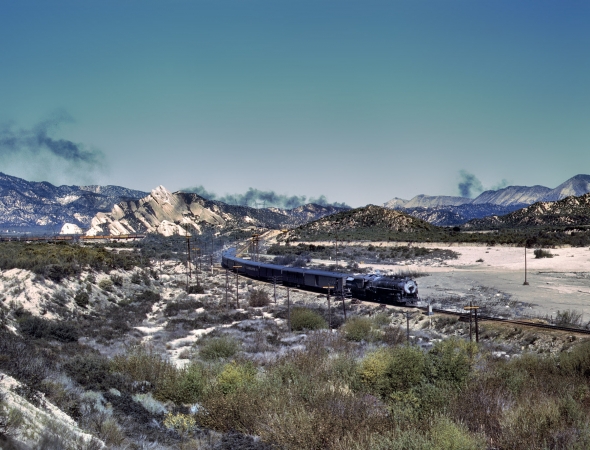 Photo showing: Cajon Pass -- March 1943, California. Trains on the Santa Fe tracks through Cajon Pass in the San Bernardino Mountains.