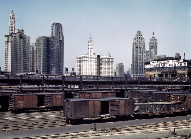 Photo showing: Chicago Terminal -- April 1943. Illinois Central R.R. freight cars at the South Water Street freight terminal.