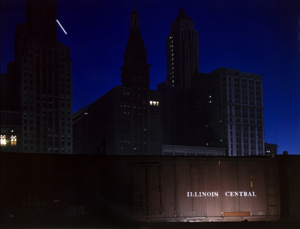Photo showing: Chicago: Night: 1943 -- Illinois Central freight cars at the South Water Street terminal, Chicago.
