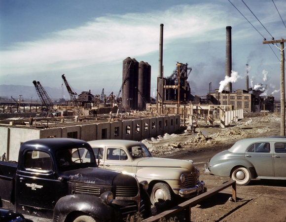 Photo showing: A Steel Plant Sprouts -- November 1942. New Columbia Steel Co. mill at Geneva, Utah takes form.