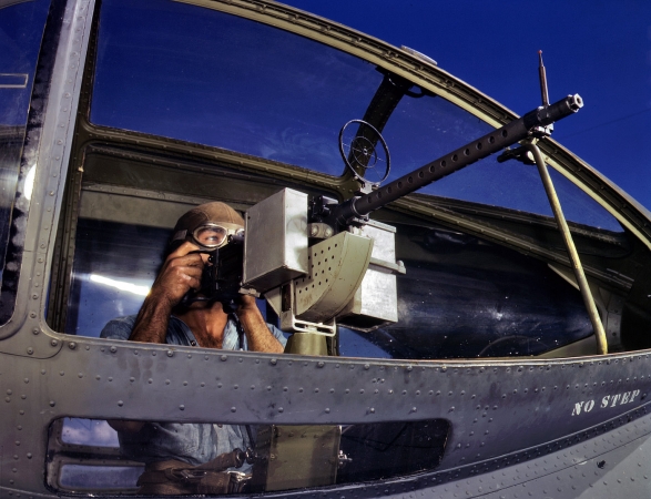 Photo showing: Blister Gunner -- Aviation ordnance mate third class Jesse Rhodes Waller in a PBY Catalina at Corpus Christi Naval Air Base, August 1942.