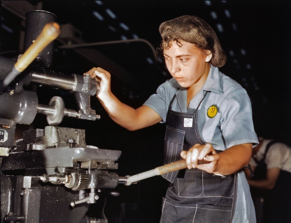 Photo showing: Doing Her Part -- 1942. Rita Rodriguez. Production of B-24 bombers and C-87 transports at Consolidated Aircraft, Fort Worth, Texas.