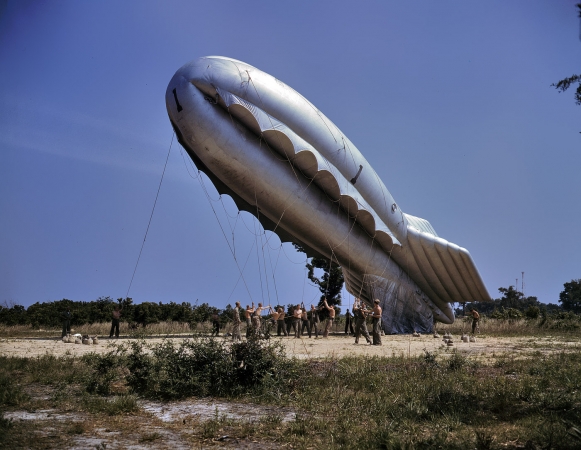 Photo showing: Hold It Right There -- May 1942. Marines training in barrage balloon technique at Parris Island, South Carolina.