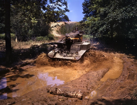 Photo showing: The Big Muddy -- Fort Knox, June 1942. Light tank going through water obstacle.