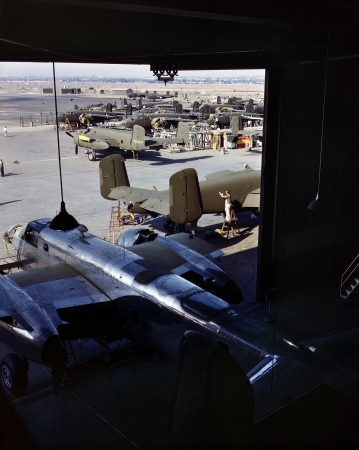 Photo showing: Finishing Up: 1942 -- B-25 bomber joins other ships in the outdoor assembly area. North American Aviation Inc. Inglewood, California.