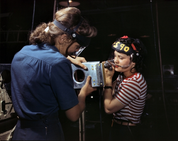 Photo showing: Wingwomen -- October 1942. North American Aviation workers assembling wing component for a P-51 fighter.