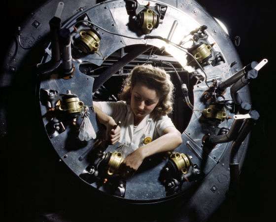 Photo showing: Angel of History -- October 1942. B-25 bomber cowl assembly, North American Aviation, Kansas City, Kansas.