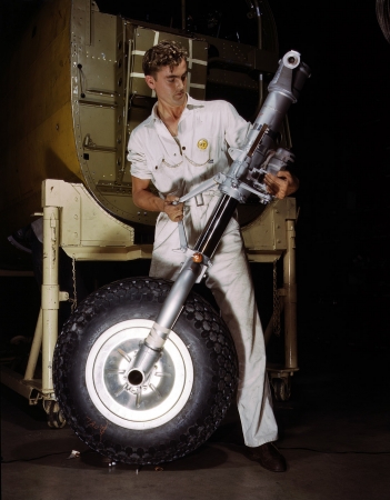 Photo showing: Bomber Big Wheel -- B-25 bomber nose wheel and landing gear assembly, North American Aviation plant, Inglewood, California, October 1942.