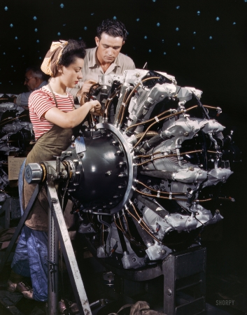 Photo showing: Educating for Engines -- October 1942. Women are trained as engine mechanics, Douglas Aircraft Company, Long Beach, California.