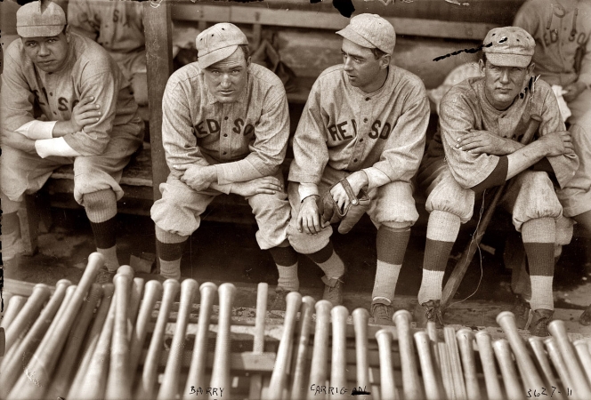 Photo showing: Babe, Bill, Jack and Vean -- Babe Ruth, Bill Carrigan, Jack Barry and Vean Gregg of the Boston Red Sox in 1916.