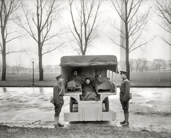 Photo showing: Airy Ambulance -- Washington, D.C., circa 1919. Red Cross ambulance at Washington Monument.