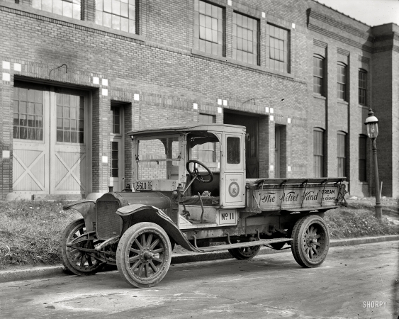 Photo showing: Truck No. 11 -- Washington, D.C., circa 1920. Overman Cushion Tire Co., creamery truck.