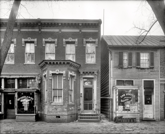 Photo showing: White Barber Shop -- Washington, D.C., circa 1927. Al Jolson's parents' house, 4½ Street S.W.