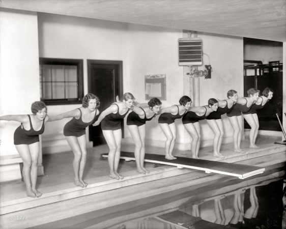 Photo showing: Poised to Make a Splash -- Washington, D.C., circa 1930. Marjorie Webster School swimmers.