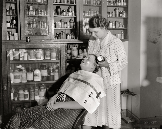 Photo showing: Testing Cosmetics: 1937 -- The Dept. of Agriculture is making tests every day in order to get cosmetics under the Pure Food and Drug Act.