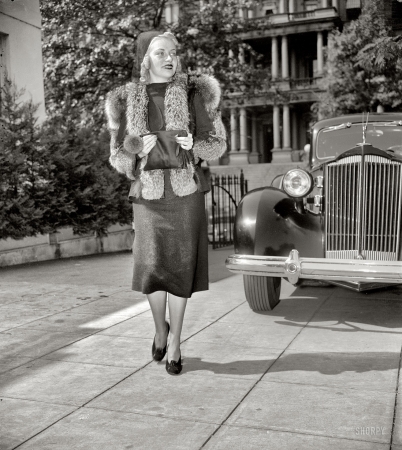 Photo showing: Packard, Furs and Heels -- Washington, D.C., circa 1937. Jane Grier, pictured near the old State, War and Navy building.