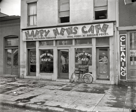 Photo showing: Happy News Cafe -- The restaurant run by radio evangelist Solomon Lightfoot Michaux, 1727 Seventh Street N.W. Washington, D.C., circa 1937.