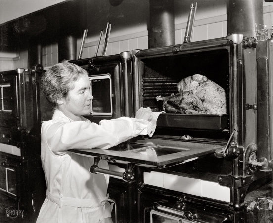 Photo showing: Basting the Bird -- Washington, December 4, 1937. Correct way to bake turkey. Miss Alexander removes the bird from oven and bastes it.