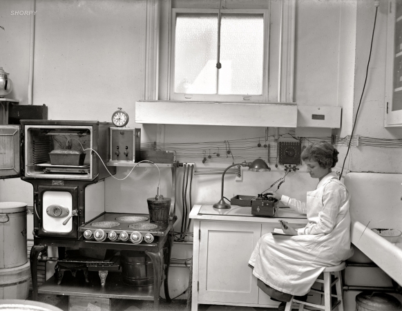 Photo showing: Precision Baking -- Washington May 25, 1923. Home Economics Section. Test kitchen at the Department of Agriculture.