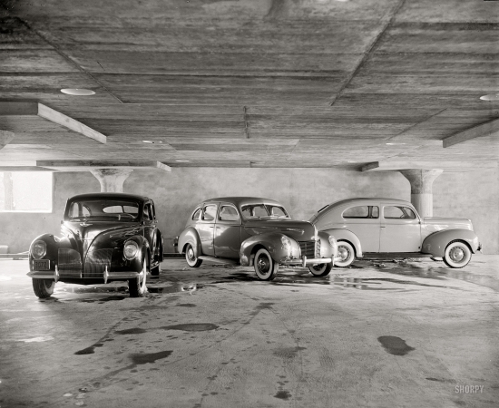 Photo showing: Snazzy Sedans -- Washington, D.C. November 25, 1938. New medical center parking garage. 1939 models Lincoln, Mercury and Ford.
