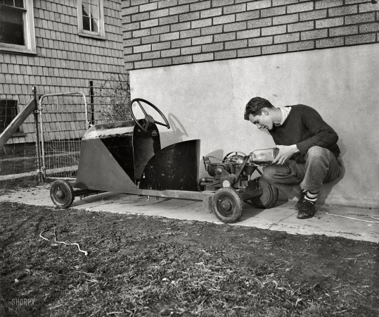 Photo showing: Maytag-Mobile -- 16-year-old Robert Preston built his midget car using a 3/4hp washing machine motor. Total cost: $30. Washington, 1939.