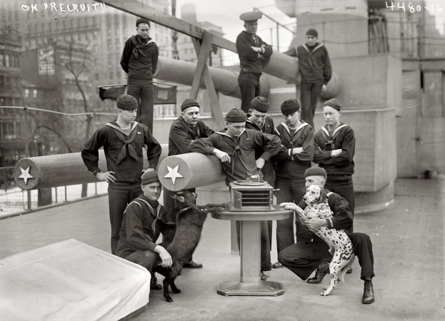Photo showing: Their Masters Voice -- New York, 1917. Aboard the U.S.S. Recruit, a mock battleship moored in Union Square as a Naval recruiting station.