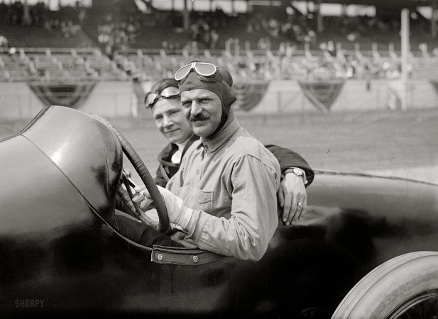 Photo showing: Louis Chevrolet -- June 1, 1918. French driver Louis Chevrolet and mechanic in their Frontenac.