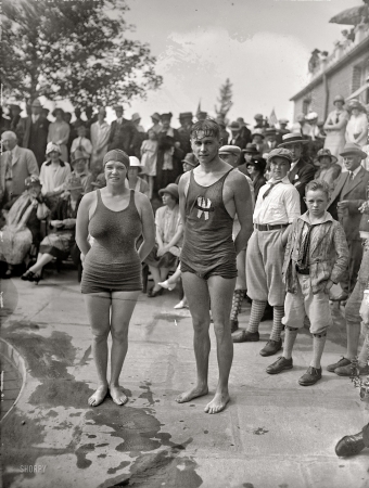 Photo showing: Country Club Swimmers -- May 30, 1925. Chevy Chase, Maryland. Miss Florence Skadding and H.J. McMullan. Opening of new pool at Columbia Country Club.