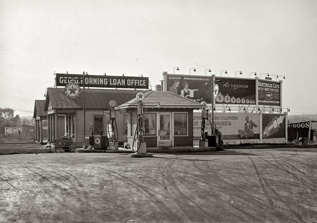 Photo showing: 20 Cents a Gallon -- Washington, D.C., 1925. Texas Company, James Burke Station.