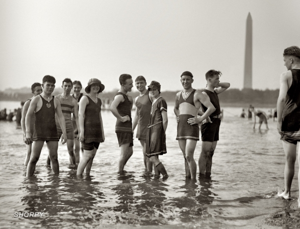 Photo showing: When We Were Young -- Washington, D.C. circa 1922. The Potomac bathing beach with a view of the Washington Monument.