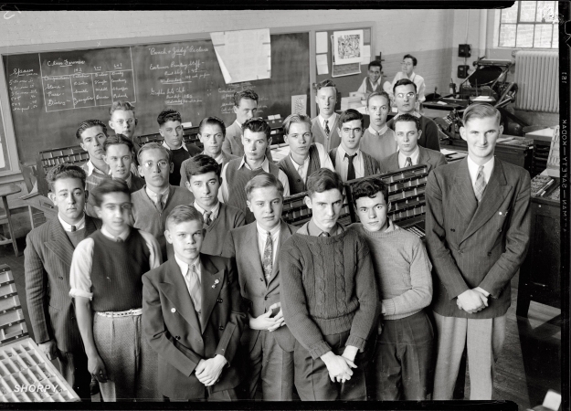 Photo showing: Printing Class -- Washington, D.C. Students, Eastern High School, 1941. 