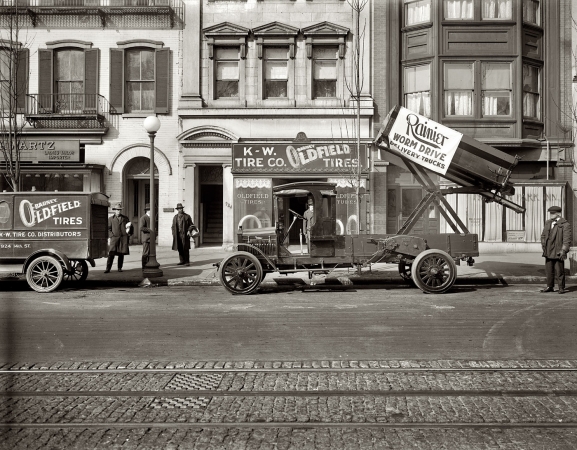 Photo showing: Worm Drive Dump -- K & W Tire Co., Rainier truck. 1919.