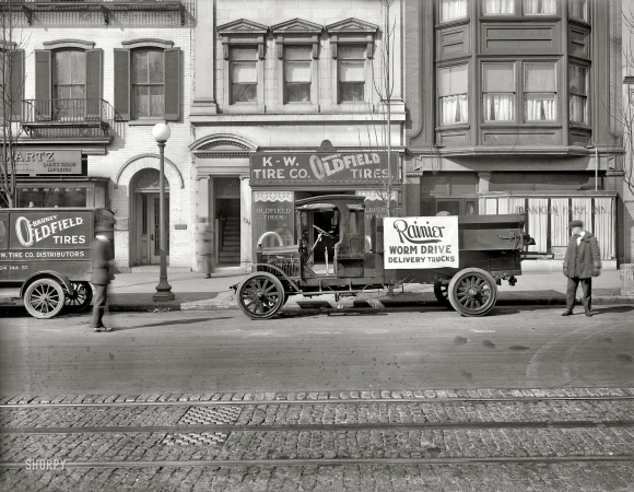 Photo showing: Worm Drive -- Washington, D.C., circa 1919. K & W Tire Co. Rainier truck.