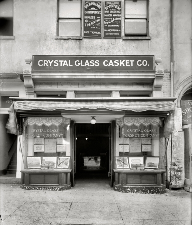 Photo showing: Glass Caskets -- Washington, D.C., circa 1920. Crystal Glass Casket Co., 605 15th Street N.W.