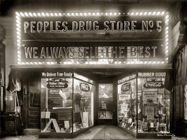 Photo showing: We Always Sell the Best -- Washington circa 1920. People's Drug Store, H and 8th Street N.E., night.