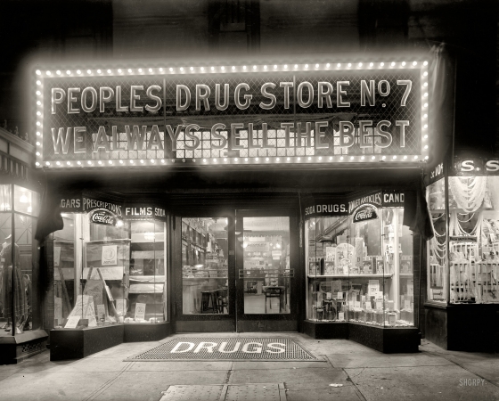 Photo showing: Peoples Drug No. 7 -- Washington, D.C., circa 1920. People's Drug Store, 11th & G streets, night.