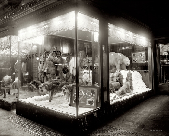 Photo showing: Saks Fur: 1920 -- Wintertime display at the Washington, D.C., furrier featuring a taxidermy tie-in with the movie Isobel, or the Trail's End.