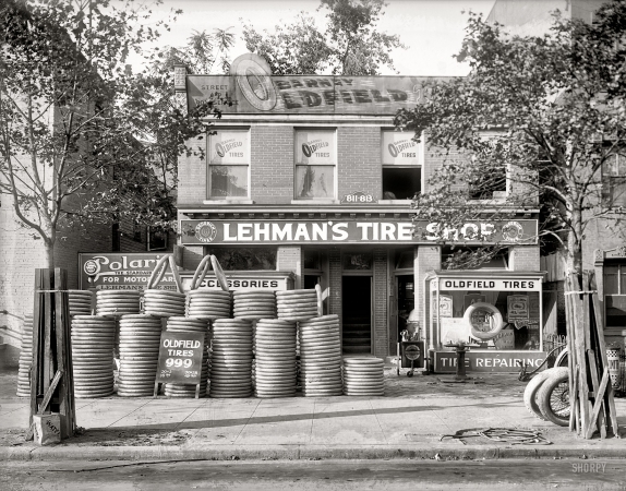 Photo showing: Oldfield Tires -- Washington, D.C., circa 1921. Lehman's Tire shop, H Street N.W.