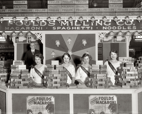 Photo showing: Spaghetti Girls -- Washington, D.C., 1921 or 1922. Food show. Foulds Milling. Their slogan: Appetizingly Clean.